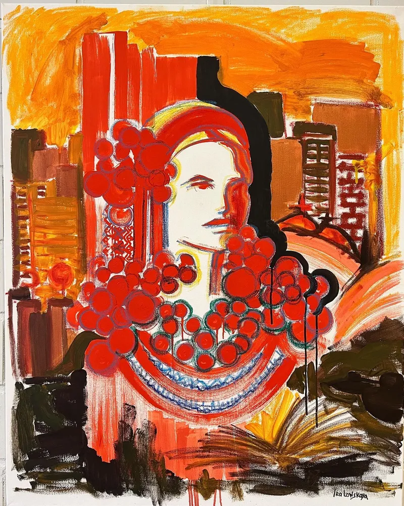 Painting “Red Guelder Rose” (2022) by Irina Lonskaya, acrylic, oil pencil, oil