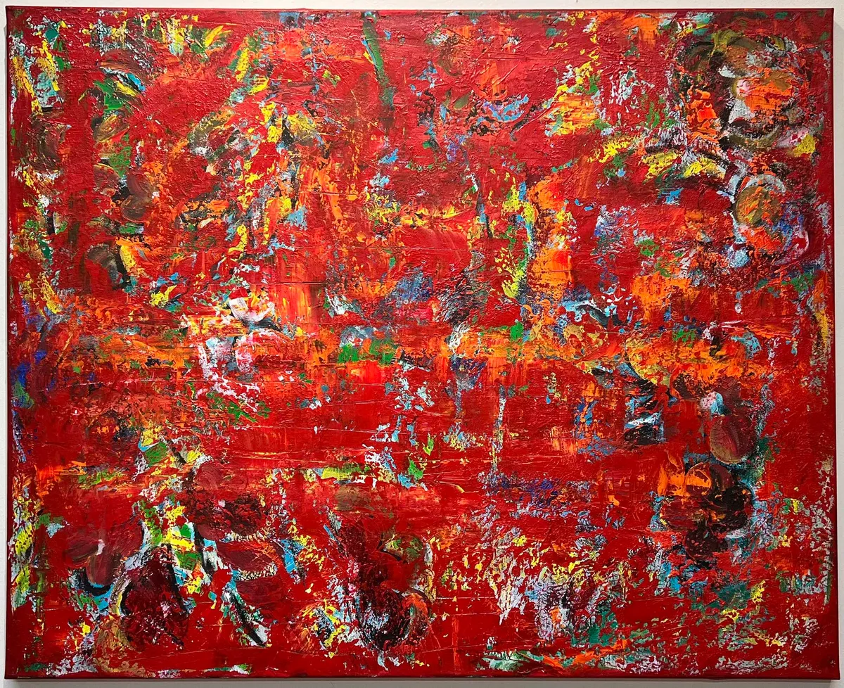 Painting “There will be flowers” (2023) by Irina Lonskaya, acrylic, texture paste, oil pencil